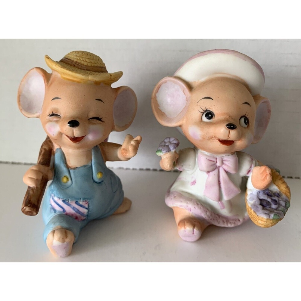 Vtg George Good Mouse LOT of 2 Ceramic Country Mice Girl Boy 3" Tall Korea
